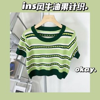 เสื้อกันหนาว คอกลม แขนสั้น ทรงหลวม สีคอนทราสต์ เข้ากับทุกการแต่งกาย สไตล์เกาหลี แฟชั่นฤดูร้อน สําหรับผู้หญิง BWXE