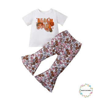 Babyclothes- ชุดเสื้อแขนสั้น พิมพ์ลายตัวอักษร และกางเกงขาบาน ลายดอกไม้ สีขาว แฟชั่นฤดูร้อน สําหรับเด็กผู้หญิง