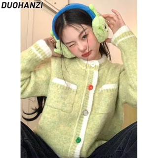 Duohanzi เสื้อแจ็กเก็ตกันหนาว แขนยาว ทรงหลวม ขนาดเล็ก สีเขียว สไตล์เรโทร สําหรับผู้หญิง