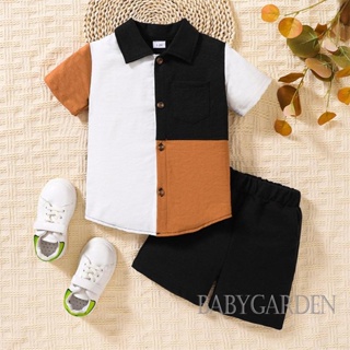 Babygarden-1-6 ปี ชุดเสื้อผ้าเด็กผู้ชาย ฤดูร้อน เสื้อแขนสั้น สีตัดกัน + กางเกงขาสั้น สีดํา ลําลอง