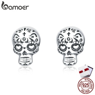 bamoer Authentic 925 Sterling Silver Gothic Cool Skull Stud Earrings for Women and Men Silver 925 Fashion Jewelry SCE953