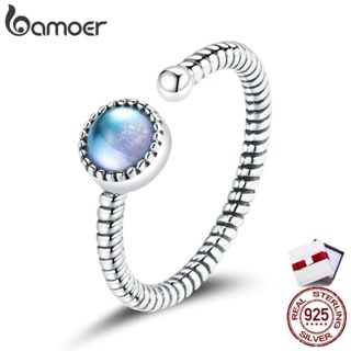 bamoer 925 Sterling Silver Moonlight Lover Finger Rings for Women Vintage Retro Synthetic Moonstone Rings Fine Jewelry SCR698