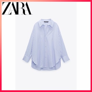 Zara ใหม่ เสื้อเชิ้ต ทรงหลวม ลายทาง สีฟ้า และสีขาว สําหรับผู้หญิง