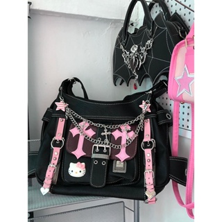 กระเป๋าหนัง แบบพกพา ลาย Hello Kitty สีดํา สีชมพู สําหรับเด็กผู้หญิง y2k