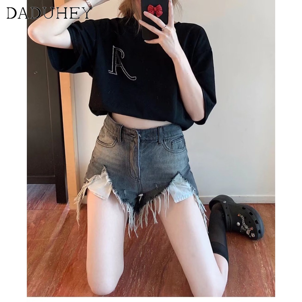 daduhey-new-korean-style-ins-raw-edge-denim-shorts-womens-high-waist-a-line-pants-plus-size-hot-pants