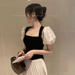 เสื้อเชิ้ตแขนทรงโคมไฟ ผ้ากํามะหยี่ คอสี่เหลี่ยม แบบเย็บติดกัน สําหรับผู้หญิง