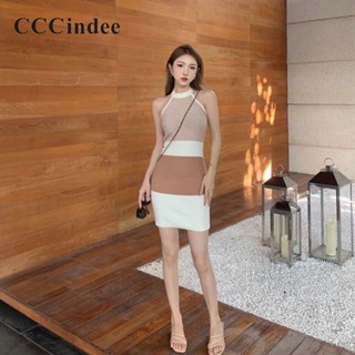 Cccindee ใหม่ ชุดเดรสสั้นลําลอง สายคล้องคอ เซ็กซี่ เข้ารูป สีตัดกัน แฟชั่นสําหรับสตรี 2023