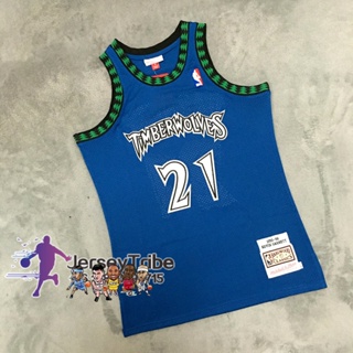 เสื้อกีฬาบาสเก็ตบอล NBA Mitchell & Ness Jersey Minnesota Timberwolves สําหรับผู้ชาย #21 เสื้อกีฬาแขนสั้น ลายทีม Kriss Garnett 2003-04 สีฟ้า 448595