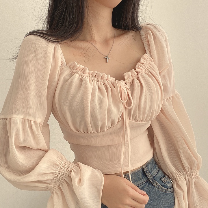 เสื้อครอปท็อป-ผ้าชีฟอง-คอสี่เหลี่ยม-แขนบาน-สไตล์เกาหลี-สําหรับผู้หญิง