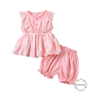 Babyclothes- ชุดเสื้อแขนกุด คอกลม แต่งกระดุม และกางเกงขาสั้น แฟชั่นฤดูร้อน สําหรับเด็กผู้หญิง 2 ชิ้น