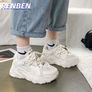 RENBENรองเท้าส้นสูงผู้หญิงแฟชั่นใหม่ รองเท้าลำลองสไตล์มินิมอลสีเดียวกันง่ายต่อการระบายอากาศป้องกันการลื่นสีขาว