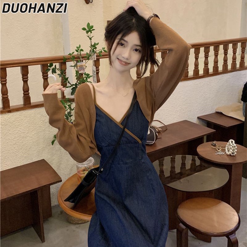 duohanzi-ชุดเดรสคาร์ดิแกน-แขนยาว-ผ้ายีน-ยาวปานกลาง-สไตล์ฝรั่งเศสย้อนยุค-ฤดูร้อน-สําหรับผู้หญิง