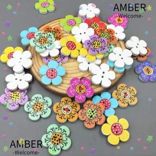 Amber กระดุมไม้ 2 รู คละสี สําหรับเย็บผ้า สมุดภาพ DIY 50 100 ชิ้น