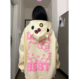 SANRIO เสื้อคาร์ดิแกนกันหนาว มีฮู้ด ทรงหลวม ปักลายการ์ตูน Hello Kitty สไตล์เกาหลี สําหรับผู้หญิง Y2k