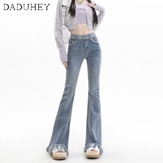 DaDuHey🎈 New Korean Style Ins Light Blue High-waisted Jeans Niche Raw Edge Micro Flared Pants WOMENS Trousers