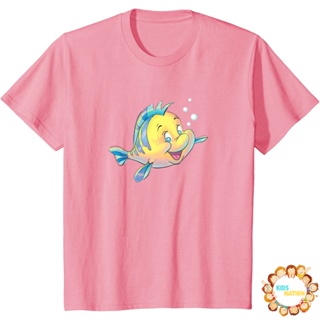เสื้อยืดแขนสั้นเสื้อยืด พิมพ์ลาย Disney The Little Mermaid Flounder BubblesS-5XL