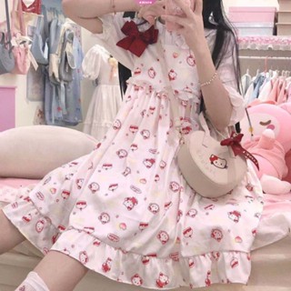 Sanrio ชุดนอนกระโปรงลําลอง ลาย Hello Kitty สไตล์โลลิต้า สําหรับสตรี Y2k