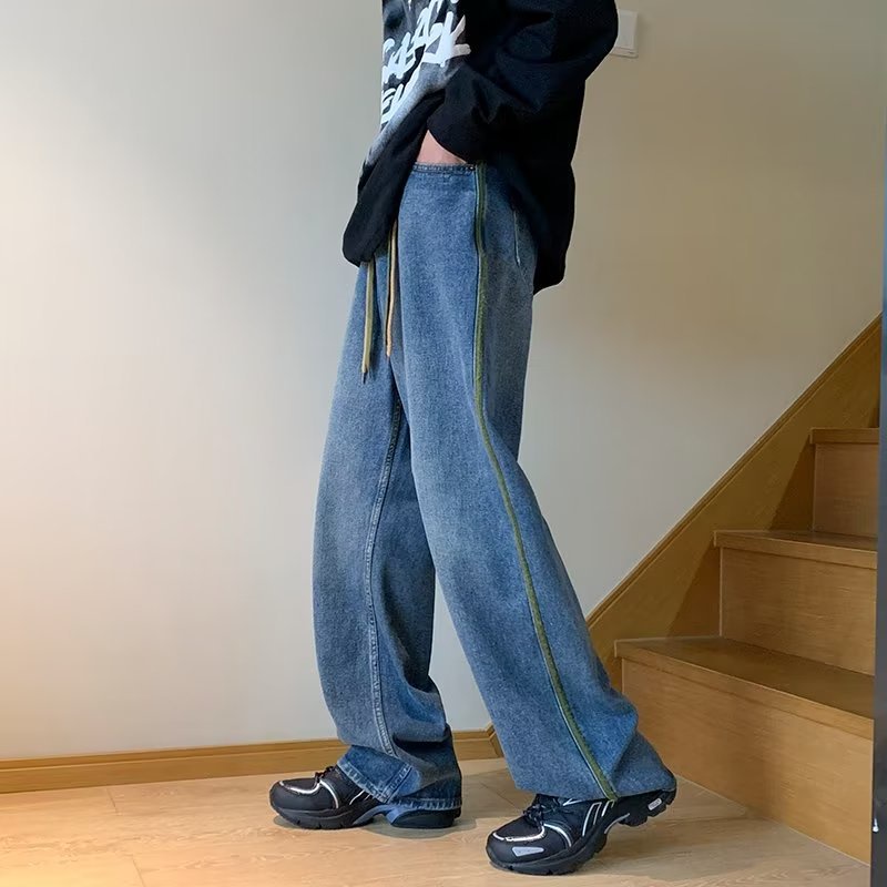 esea-กางเกงยีนส์ผู้ชายลายทางหลวมกางเกงลำลองผู้ชายกางเกงผู้ชายเทรนด์ใหม่