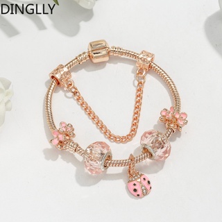 Dinglly สร้อยข้อมือ จี้แมลงเต่าทอง สีชมพู สําหรับผู้หญิง Diy โรสโกลด์ ดอกไม้ ลูกปัด เสน่ห์ สร้อยข้อมือ เครื่องประดับ