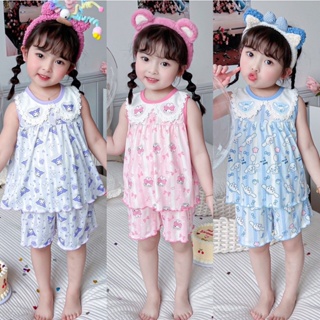 PRETTY BABY🧸พร้อมส่ง🧸ชุดนอนเด็ก แขนกุดลายการ์ตูน ผ้าร่องนุ่มสวมใส่สบาย(777)