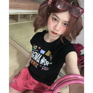 เสื้อยืดลําลอง แขนสั้น คอกลม พิมพ์ลายน่ารัก เข้ารูป แฟชั่นฤดูร้อน สําหรับสตรี