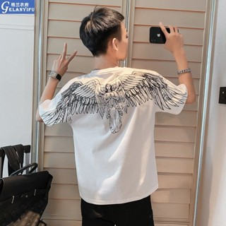 ขายดี#เสื้อยืดแขนสั้นลําลอง แบบครึ่งแขน แต่งระบาย แฟชั่นฤดูร้อน สไตล์สตรีท สําหรับผู้ชาย 2023