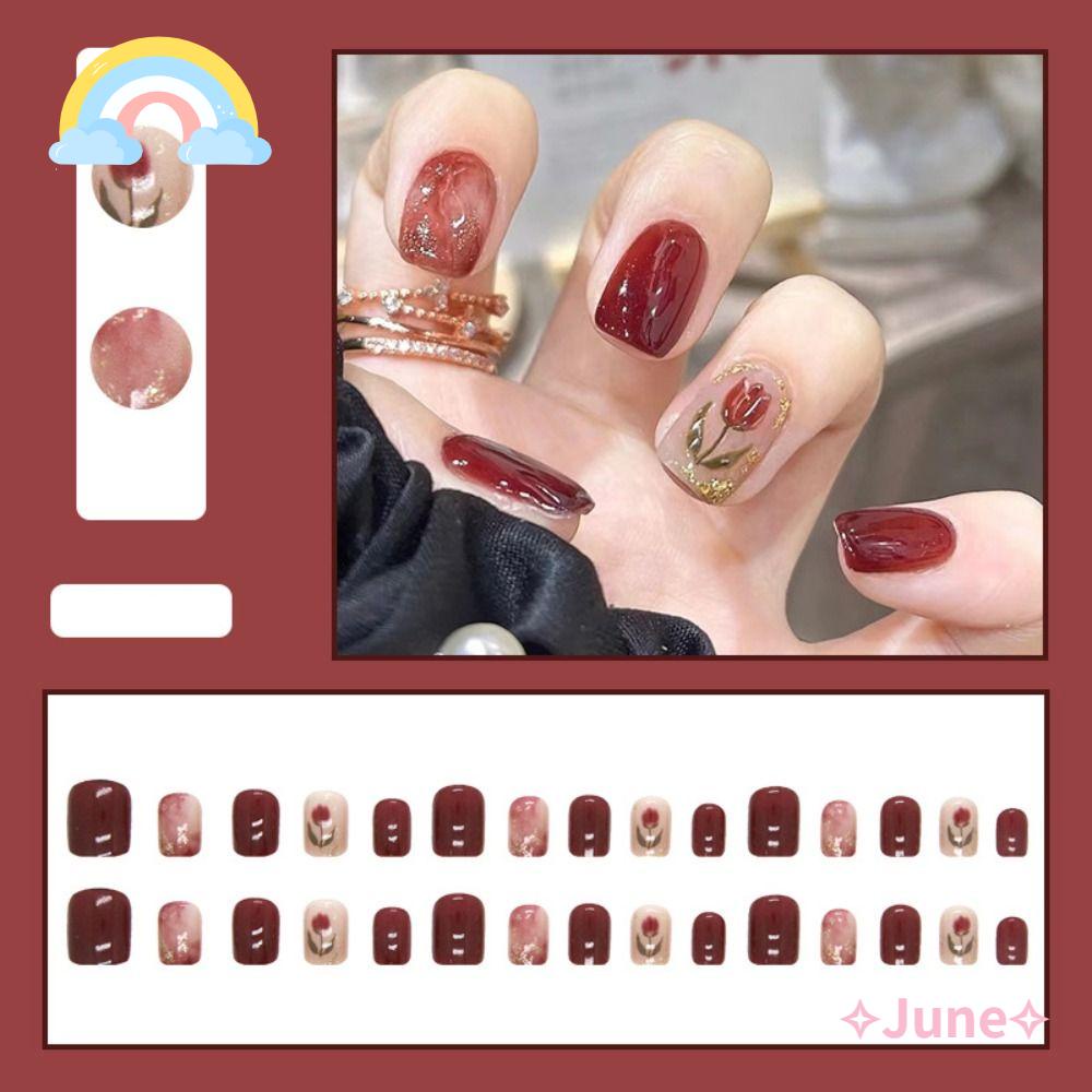 JUNE เล็บปลอม แบบกด ถอดออกได้ ลายดอกทิวลิป DIY | Shopee Thailand