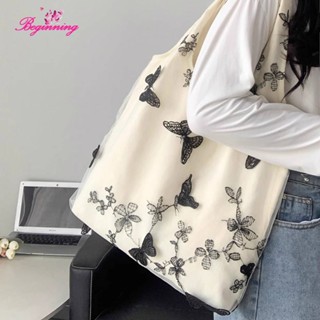 ✿ เริ่มต้น ✿ กระเป๋าถือ กระเป๋าสะพายไหล่ ผ้าแคนวาส ปักลายผีเสื้อ ลูกไม้ เหมาะกับการพกพาช็อปปิ้ง สําหรับสตรี