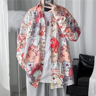 เสื้อเชิ้ตแขนยาว พิมพ์ลายการ์ตูนแมว ดอกไม้ แฟชั่นฤดูใบไม้ร่วง สไตล์เกาหลี สําหรับผู้ชาย 2023