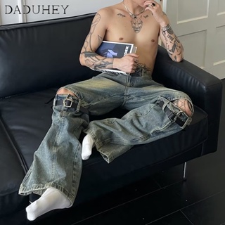DaDuHey🔥 Mens Hong Kong Style High Street Ins Handsome All-Matching Casual Pants 2023 Summer New Fashion Personalized Hip Hop Ripped Jeans
