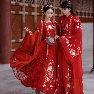 So Fengchun ชุดเย็บปักถักร้อย สไตล์จีน ฮั่นฝู สีแดง ครบชุด สําหรับผู้ชาย ผู้หญิง งานแต่งงาน
