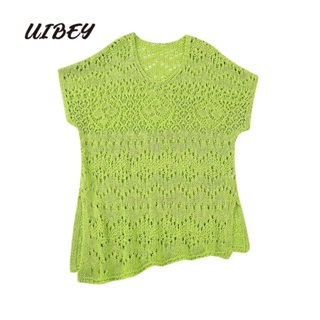 Uibey เสื้อถัก คอวี ผ้าตาข่าย สีพื้น 3654