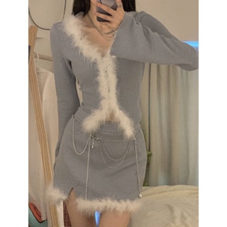 Gentle and Soft Waxy Atmosphere Dress Autumn and Winter Design Feeling Rave Stitching Cardigan Top Skirt Two-piece Set