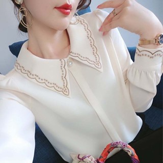 เสื้อเชิ้ต ผ้าชีฟอง คอปกตุ๊กตา แบบสวมหัว ปักลาย ระดับไฮเอนด์ เข้ากับทุกการแต่งกาย แฟชั่นฤดูใบไม้ผลิ สําหรับผู้หญิง 2023