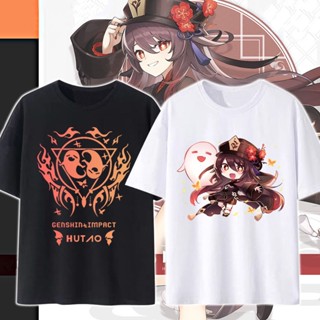 สปอตสินค้า Genshin Impact HuTao เกมเสื้อยืดผู้หญิง (S-5XL) แฟชั่นเสื้อขาว