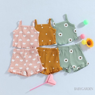 Babygarden-0-18 เดือน ชุดเสื้อผ้าเด็กผู้หญิง, หัวใจ / จุด / ลายดอกไม้ แขนกุด ผ้าถัก เสื้อกล้าม + กางเกงขาสั้น เอวยางยืด