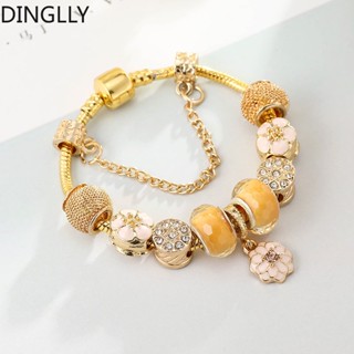 Dinglly สีทอง ทรงกลม ดอกไม้ เสน่ห์ สร้อยข้อมือ สําหรับผู้หญิง Diy โคเฮอร์ ลูกปัด เสน่ห์ สร้อยข้อมือ