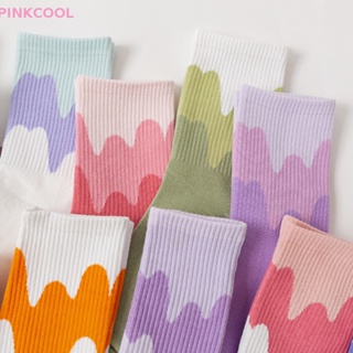 Pinkcool ถุงเท้าผ้าฝ้าย ให้ความอบอุ่น ลายกราฟฟิติ สีแคนดี้ แฟชั่นฤดูใบไม้ผลิ และฤดูหนาว สําหรับผู้หญิง 1 คู่