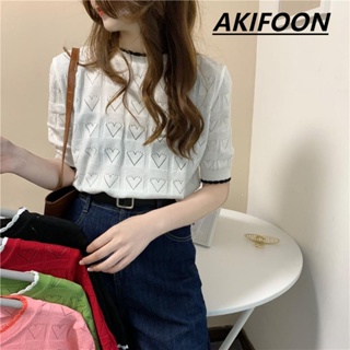 AKIFOON #32003 คอกลมเสื้อยืดไหมพรมแขนสั้น ผ้านิ่มใส่สบาย ฟรีไซส์ มาการองสี ลายหัวใจ