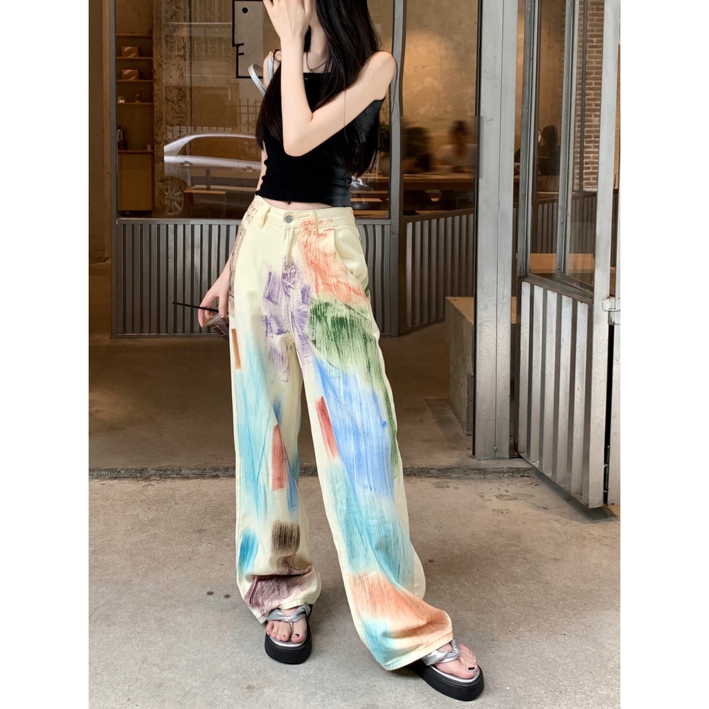 กางเกงยีนส์สีอินเทรนด์สไตล์เกาหลีผู้หญิงฤดูร้อนเอวสูงตรงกางเกงขากว้างแฟชั่นแนวไฮสตรีท