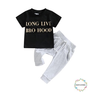 Babyclothes- ชุดเสื้อแขนสั้น พิมพ์ลายตัวอักษร สีดํา และกางเกง สีเทา แฟชั่นฤดูร้อน สําหรับเด็กผู้ชาย