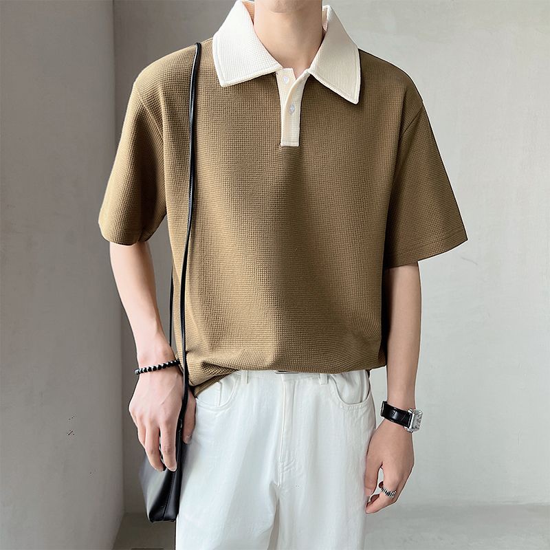 เสื้อโปโลแขนสั้น-คอปก-ทรงหลวม-ลายวาฟเฟิล-สไตล์เกาหลี-สําหรับผู้ชาย-slc27