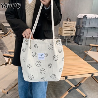 YADOU ผู้หญิงวินเทจยิ้มกระเป๋าหิ้วนักเรียนชั้นเรียนที่เรียบง่ายและน่ารักมือถือกระเป๋าผ้าใบไหล่