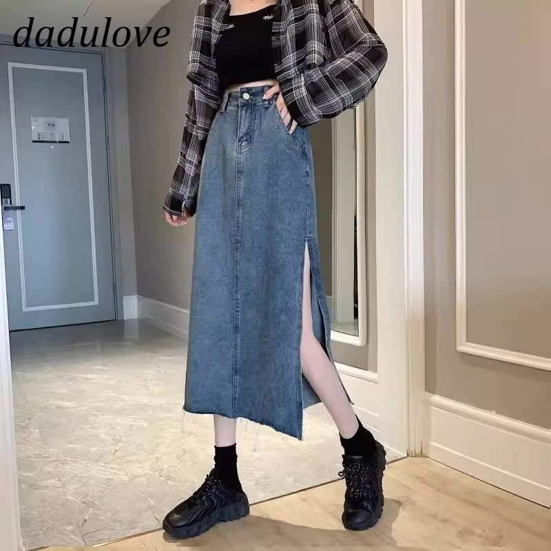 dadulove-new-american-ins-high-street-retro-slit-denim-skirt-niche-high-waist-a-line-skirt-bag-hip-skirt