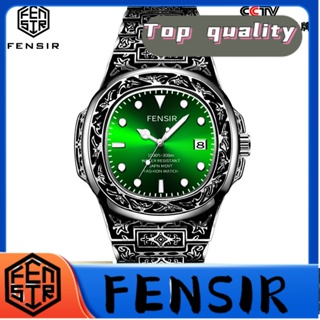 Fensir FENSIR พร้อมส่ง นาฬิกาข้อมือควอตซ์แฟชั่น สายแสตนเลส หน้าปัดแกะสลัก ลายผีน้ํา สีเขียว เรืองแสง พร้อมปฏิทิน สําหรับผู้ชาย