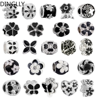 Dinglly สีเงิน โลหะผสม ลูกปัดสีดํา เคลือบ ดอกไม้ ลูกปัดผีเสื้อ เสน่ห์ Diy เครื่องประดับ ทําอุปกรณ์เสริม