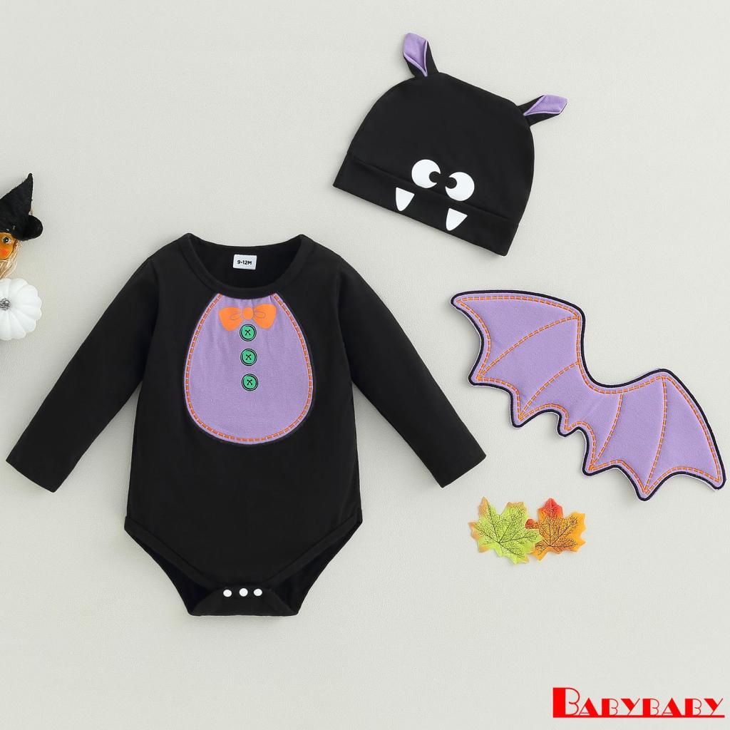 babybaby-ชุดรอมเปอร์-แขนสั้น-พิมพ์ลายฮาโลวีน-หมวกการ์ตูน-ปีกค้างคาว-สําหรับเด็กผู้หญิง-3-ชิ้น