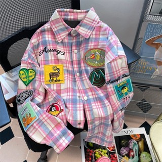 เสื้อเชิ้ตแขนยาว ผ้าวูล แบบหนา ลายสก๊อต สไตล์ฮิปฮอป แฟชั่นอเมริกันเรโทร สําหรับผู้หญิง