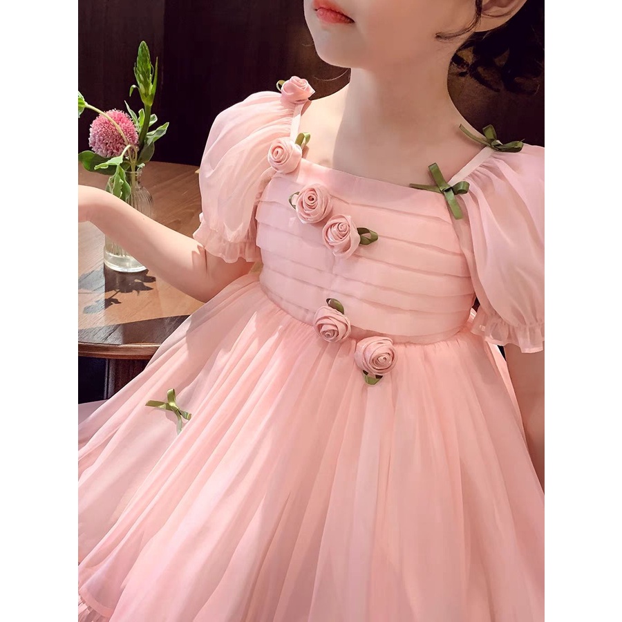 ชุดเดรสเจ้าหญิงเด็กผู้หญิงฤดูร้อน-2023-ใหม่สไตล์ต่างประเทศเด็กกระโปรงตูตูตาข่ายสาวเกาหลีชุดแขนพัฟ