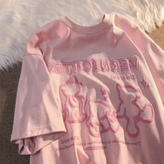 เสื้อยืดคอกลม แขนสั้น พิมพ์ลายการ์ตูนหมี ทรงหลวม สไตล์ฮ่องกง วินเทจ แฟชั่นเกาหลี และญี่ปุ่น